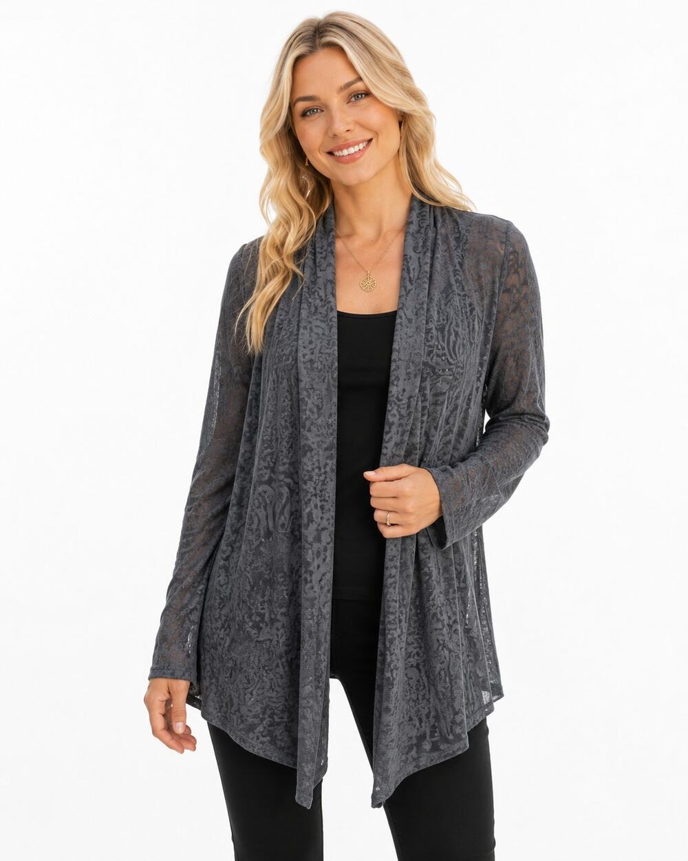 Athleta Open Cardigan Womens Medium Dusty Blue Paisley Burnout Draped Topper